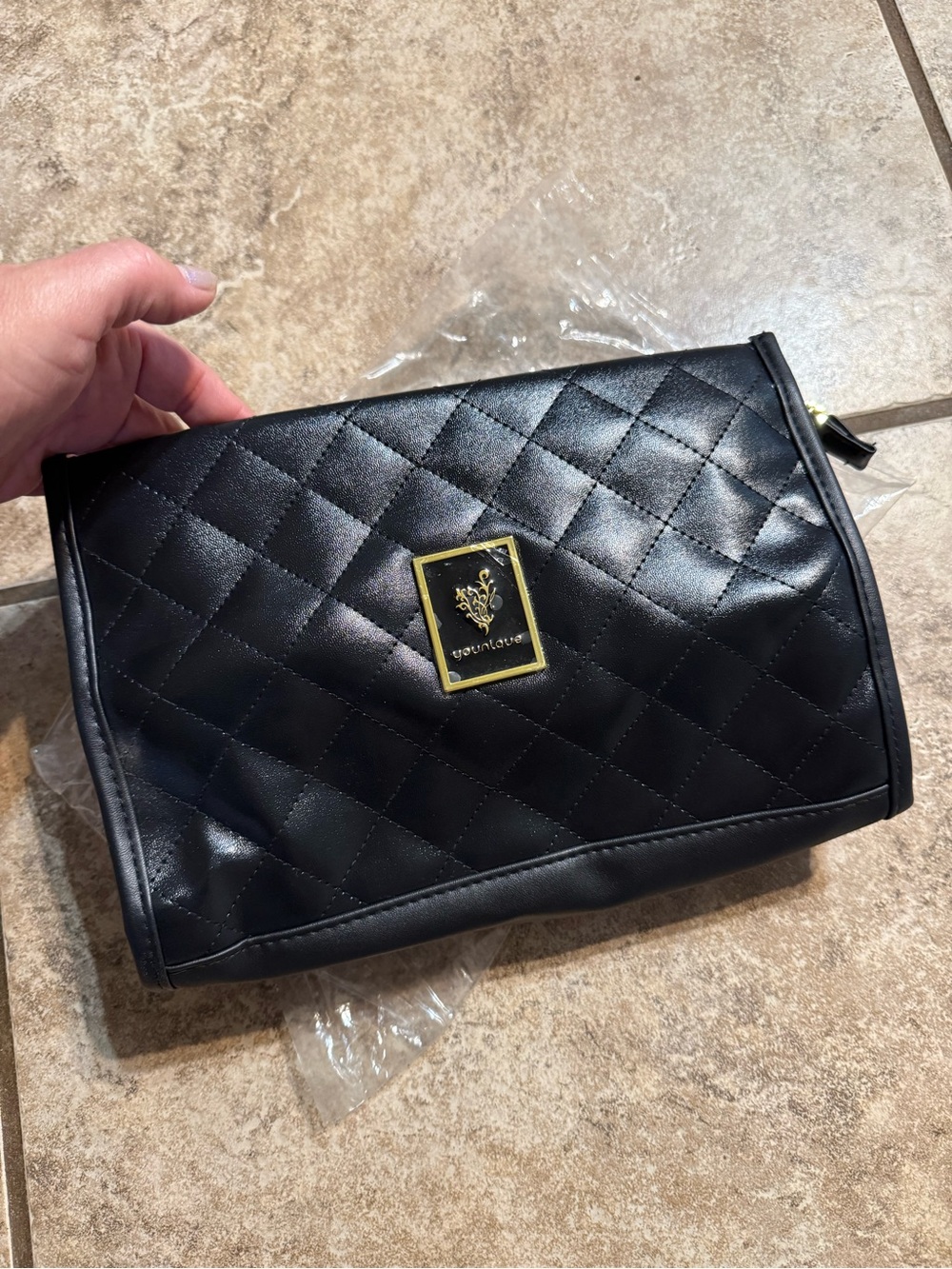 NIB Younique Quilted Black Cosmetic Clutch with Gold Plaque